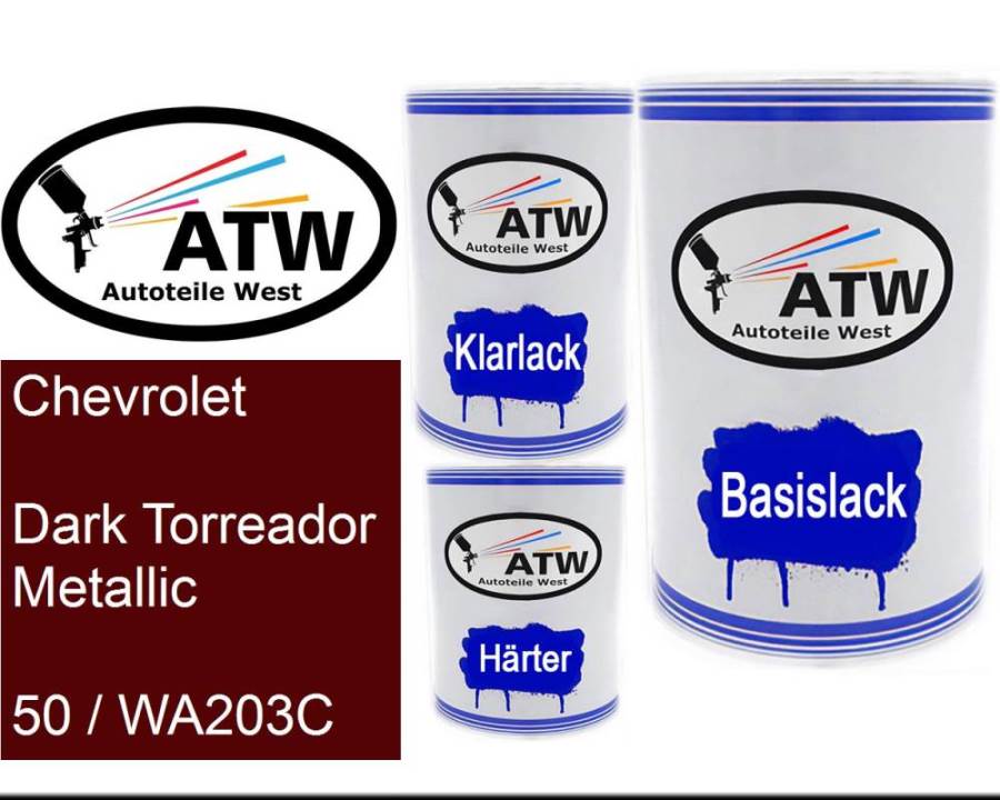 Chevrolet, Dark Torreador Metallic, 50 / WA203C: 500ml Lackdose + 500ml Klarlack + 250ml Härter - Set, von ATW Autoteile West.